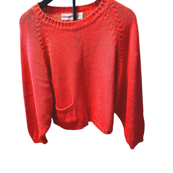 Vintage CASATANO Ramie Cotton Sweater Small Coral Orange-Red Knit Pocket 1980's - Picture 1 of 16